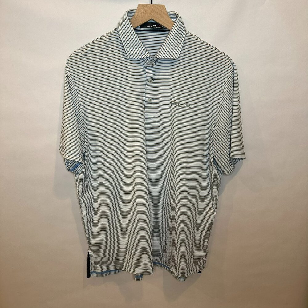 RLX Ralph Lauren golf performance polo light blue navy blue and white stripes L